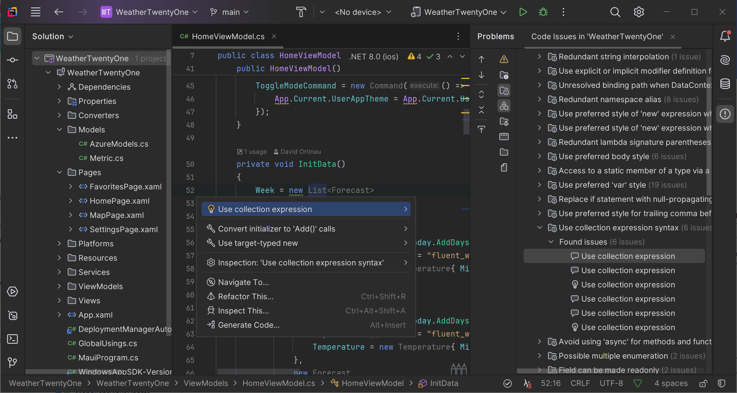 Code analysis and quick-fixes in Rider