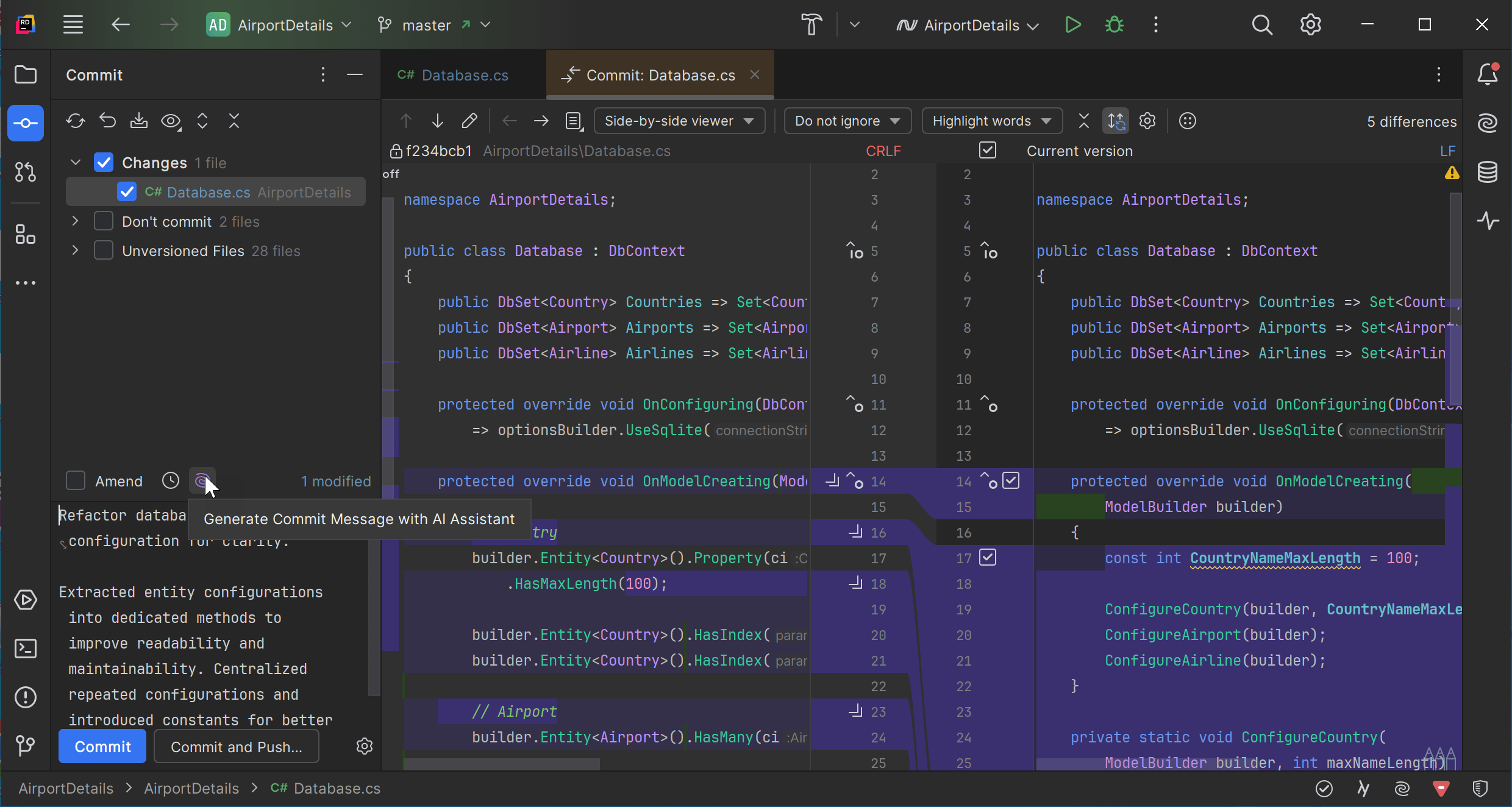 Managing Git changes with Rider's integrated VCS tools